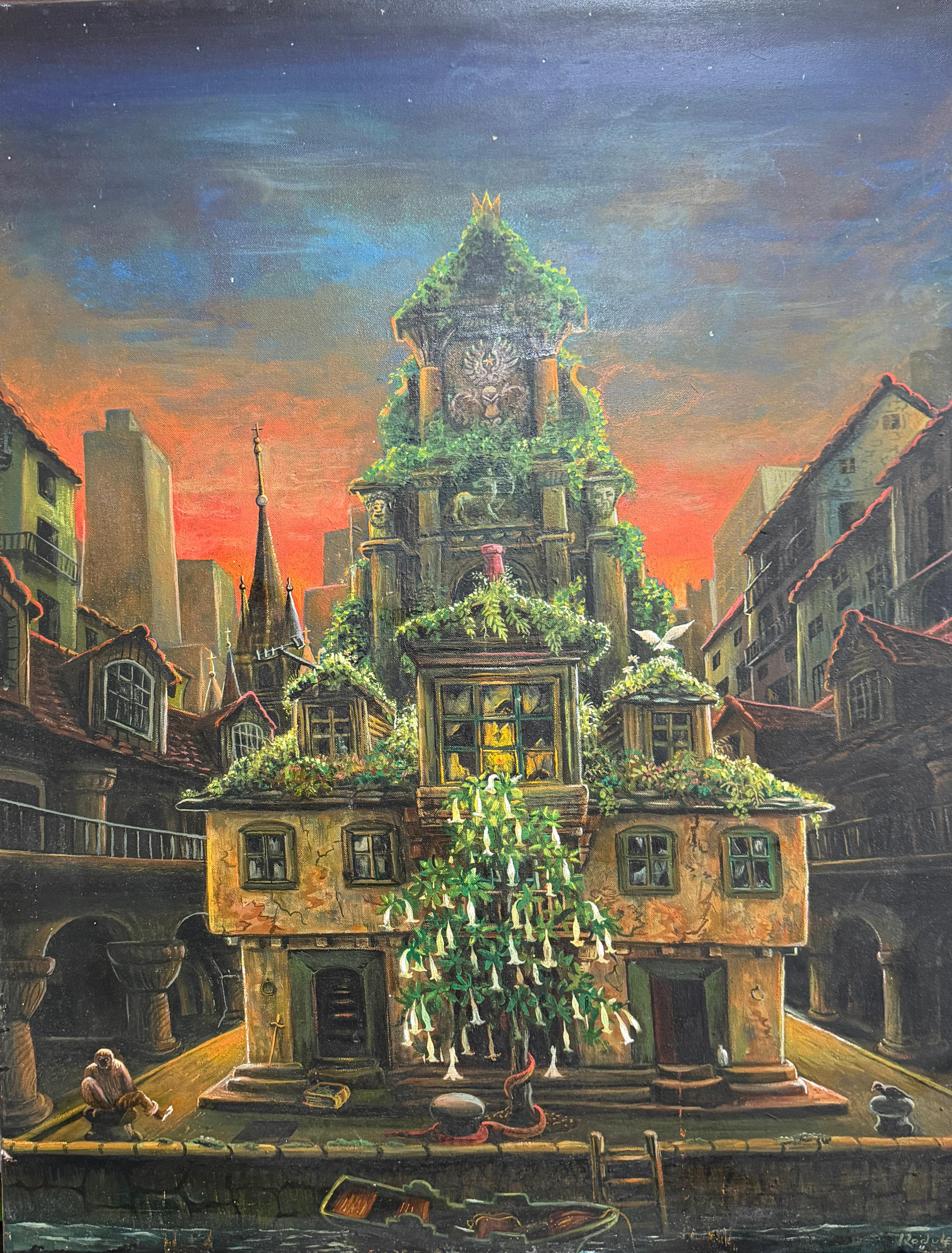 Surreal Magical Landscape Canvas Painting City Gothic House Green Blue Orange