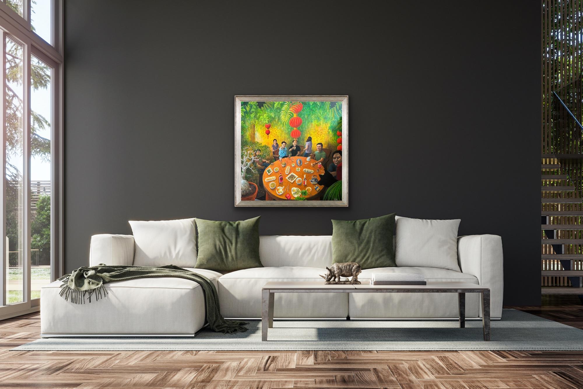 Surrealist Birthday Party Canvas Painting Schenzen China Green Yellow Red  For Sale 5