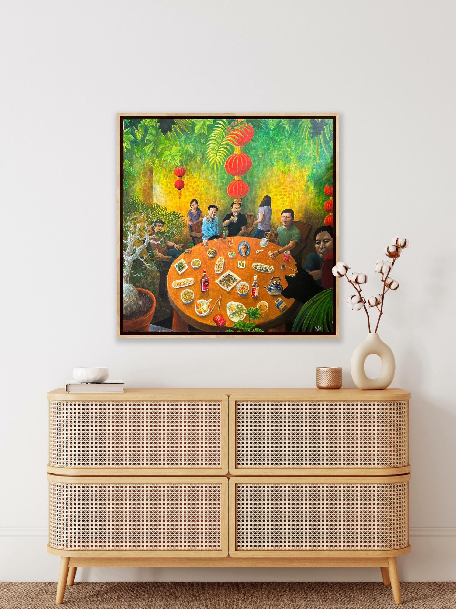 Surrealist Birthday Party Canvas Painting Schenzen China Green Yellow Red  For Sale 6