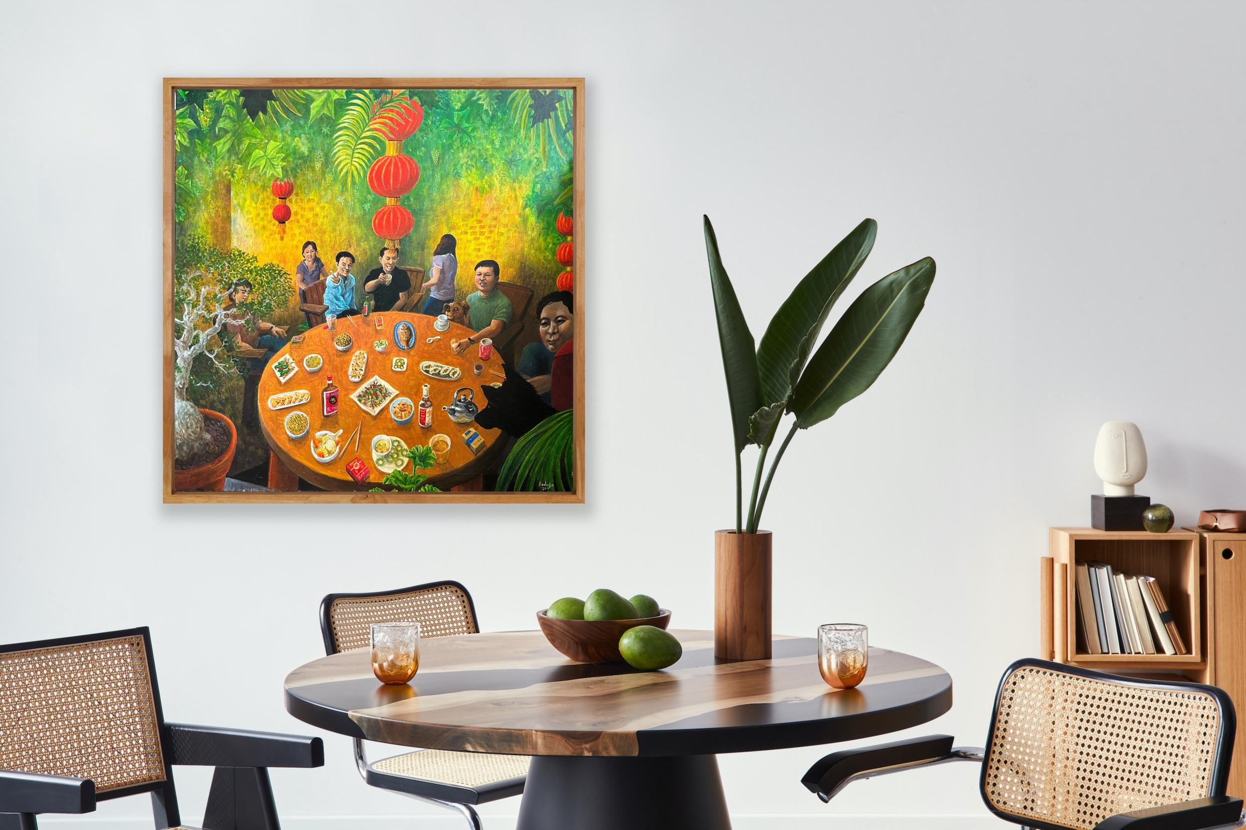 Surrealist Birthday Party Canvas Painting Schenzen China Green Yellow Red  For Sale 7