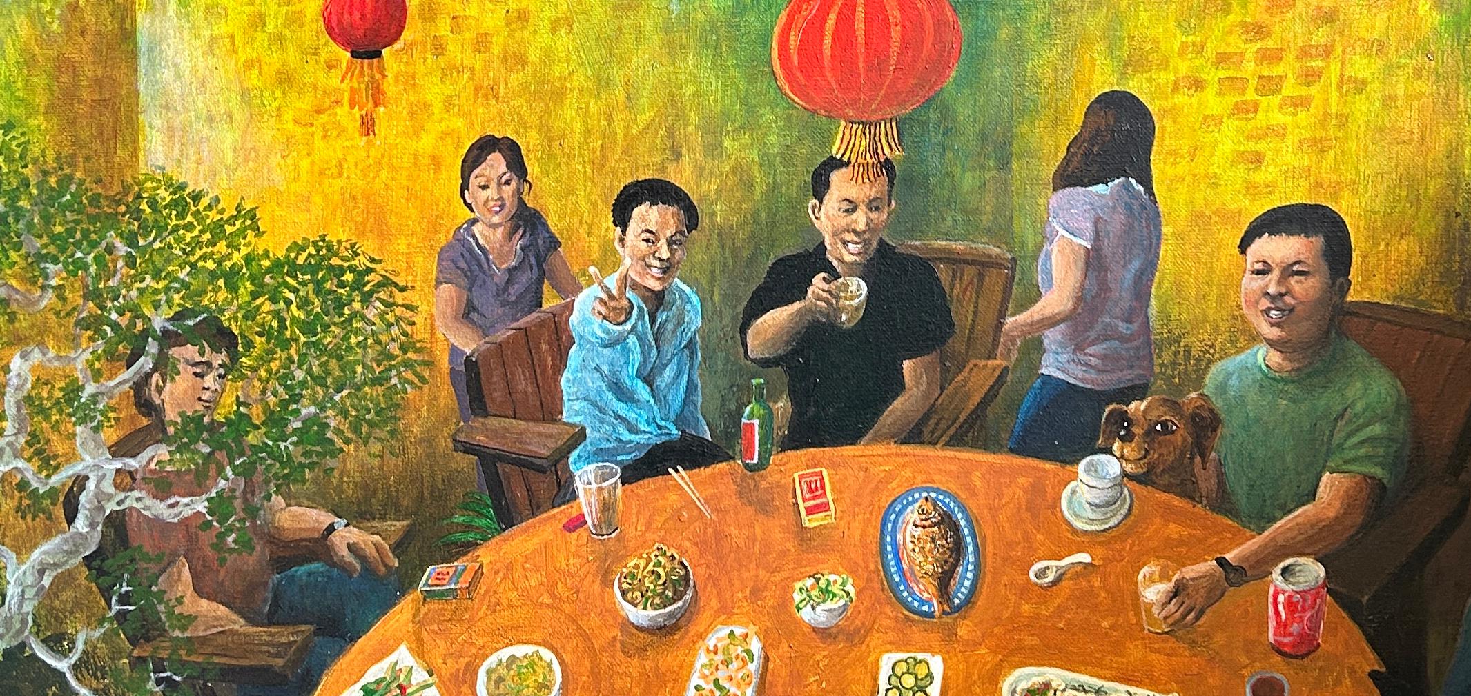 Fiesta de Cumpleaños Surrealista Pintura en Lienzo Schenzen China Verde Amarillo Rojo - Painting de Peter Rodulfo