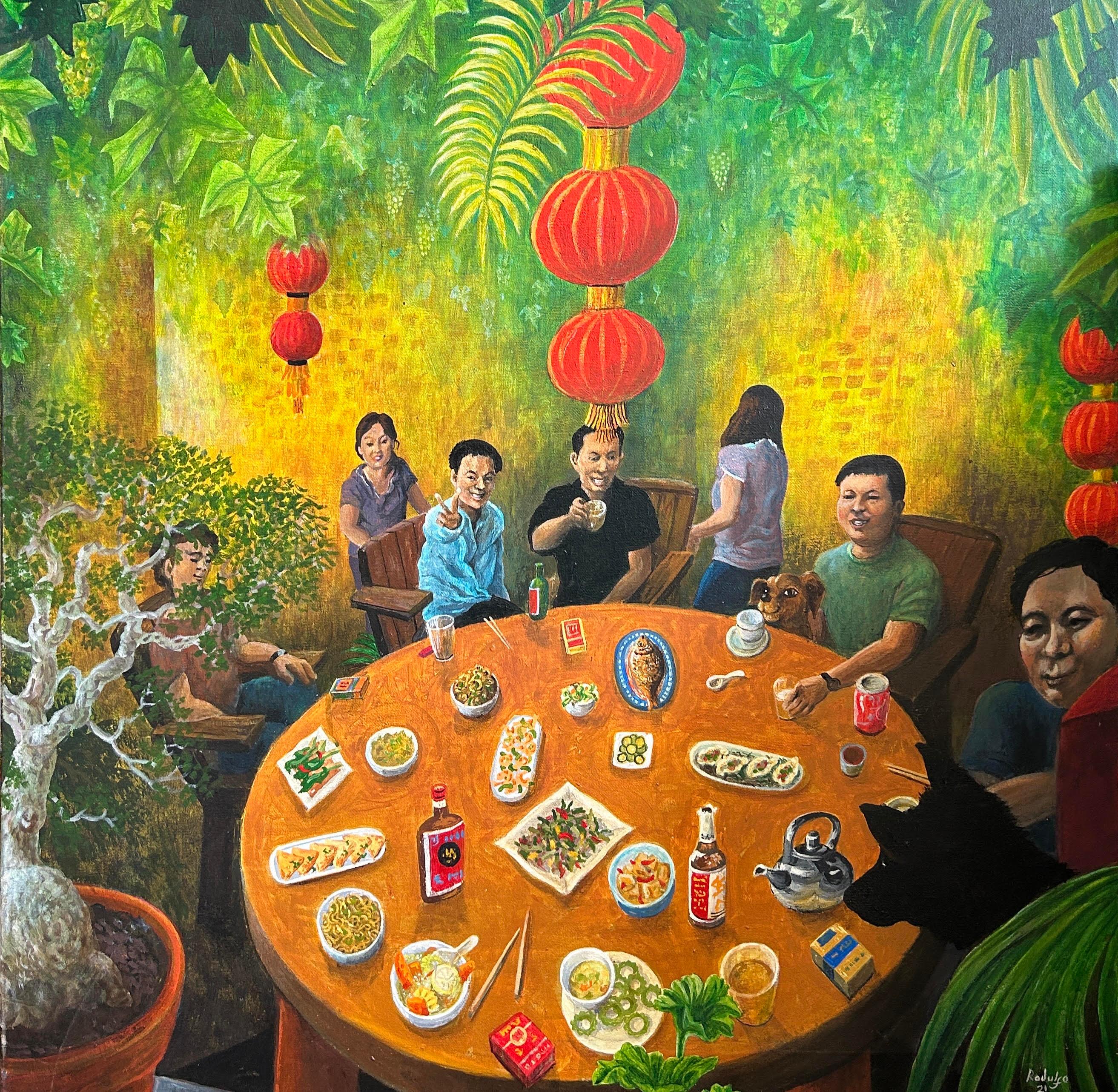 Peter Rodulfo Figurative Painting - Surrealist Birthday Party Canvas Painting Schenzen China Green Yellow Red 