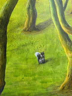 Surrealist Landscape Acrylic on Canvas Green Trees Landscape Squirrel Bench