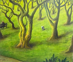 Surrealist Landscape Acrylic on Canvas Green Trees Landscape Squirrel Bench