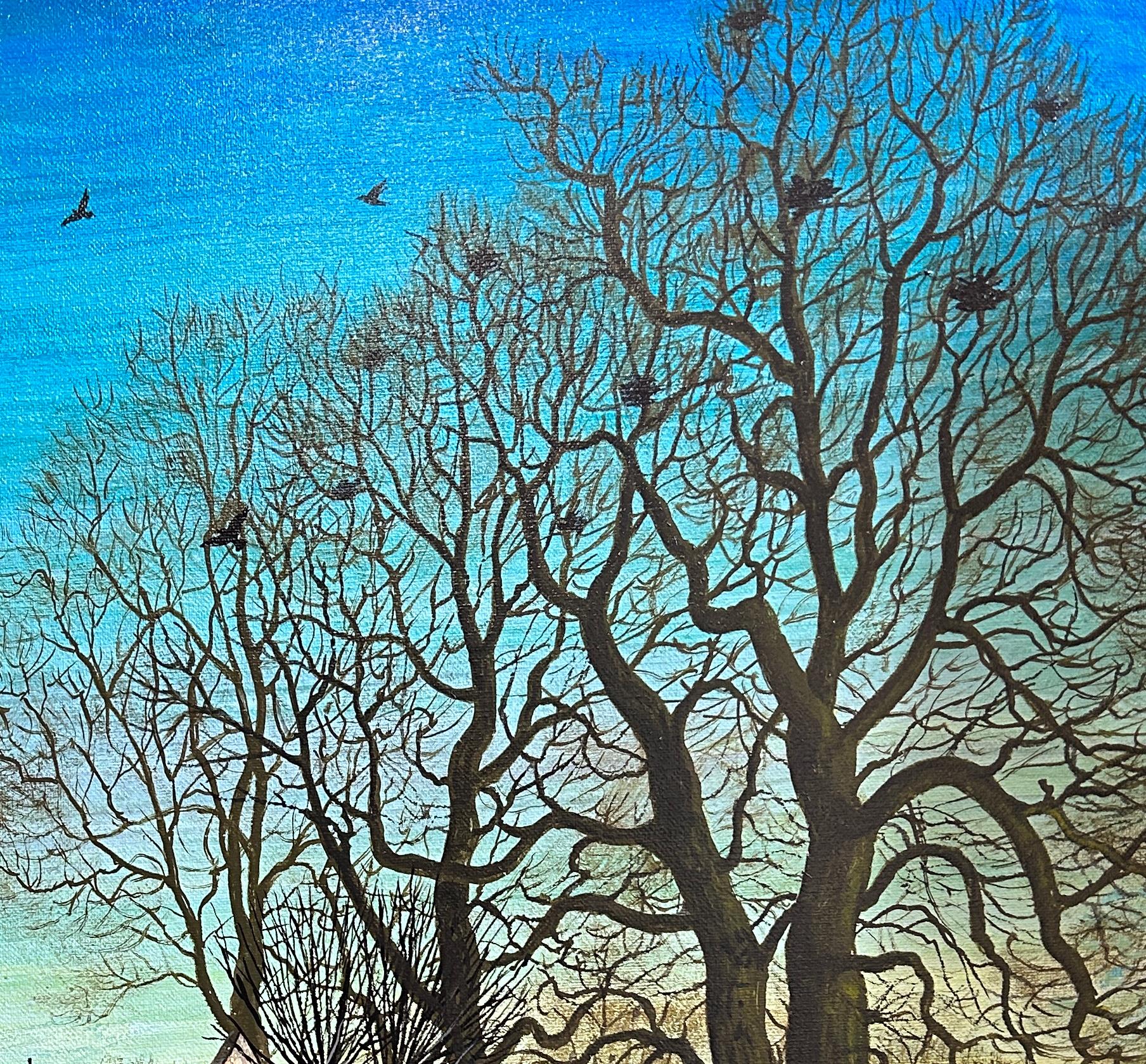 Paysage surréaliste Oiseaux coqs arbres d'église Paysage église Bleu-vert - Painting de Peter Rodulfo