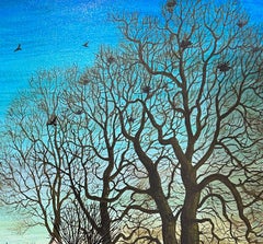 Surrealist Landscape Rookery Birds Church Trees Landscape Church Blues Green