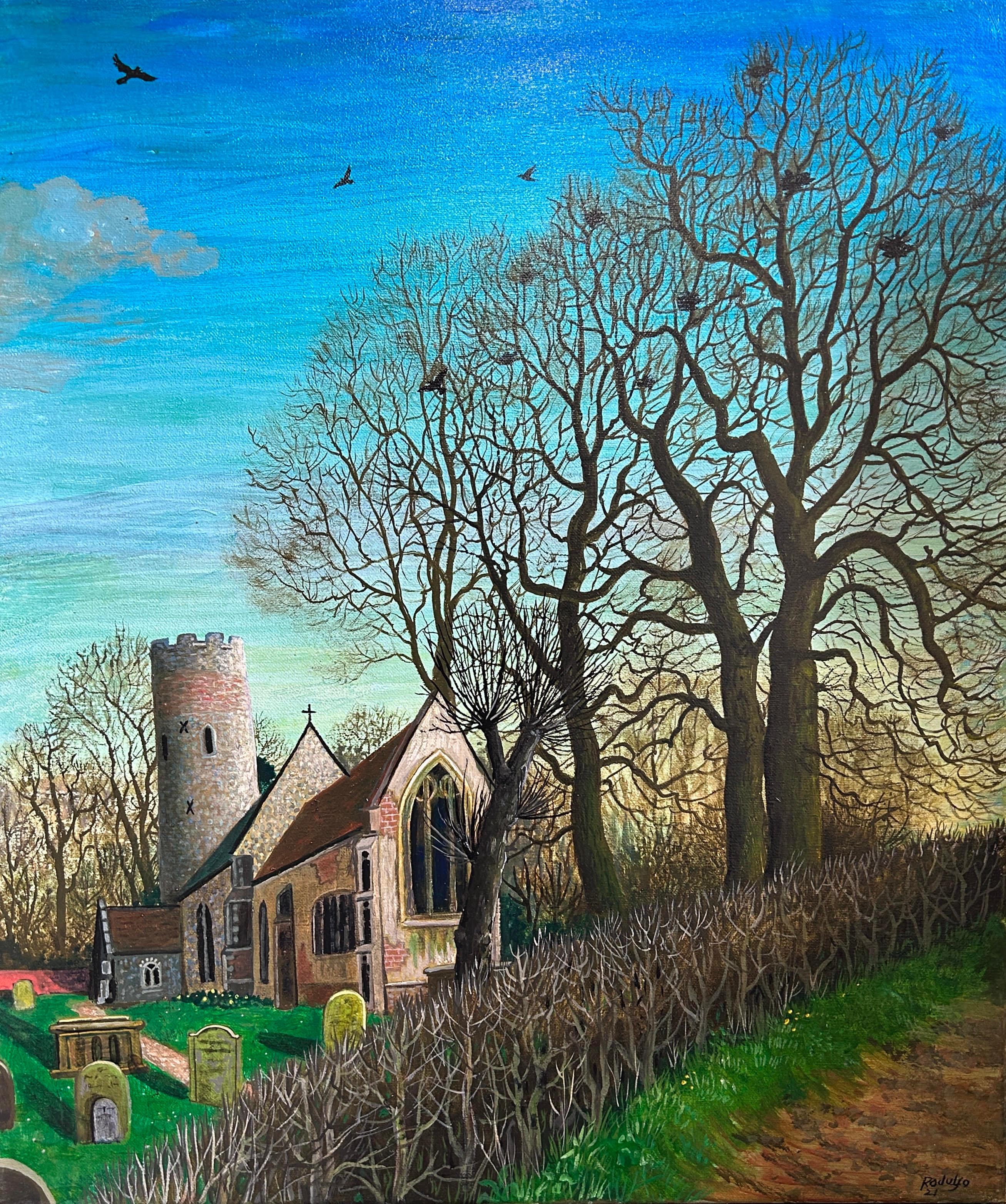 Peter Rodulfo Abstract Painting - Surrealist Landscape Rookery Birds Church Trees Landscape Church Blues Green