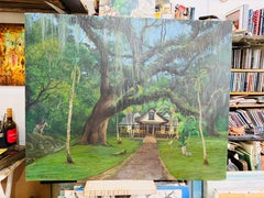 Surrealist Magical Canvas Landscape Painting Caribbean Green Jungle Horse House