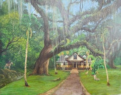 Surrealist Magical Canvas Landscape Painting Caribbean Green Jungle Horse House