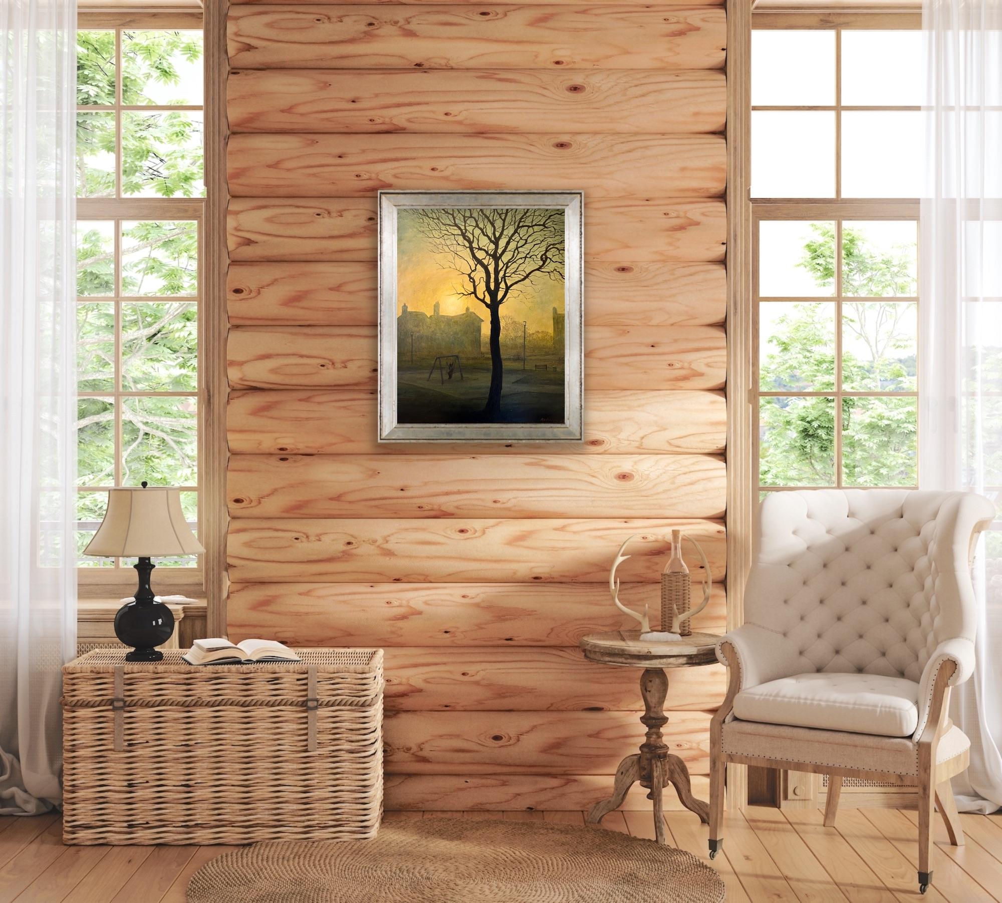 Surrealist Magical Canvas Landscape Painting Morning Sun Light Gold Yellow Tree For Sale 6