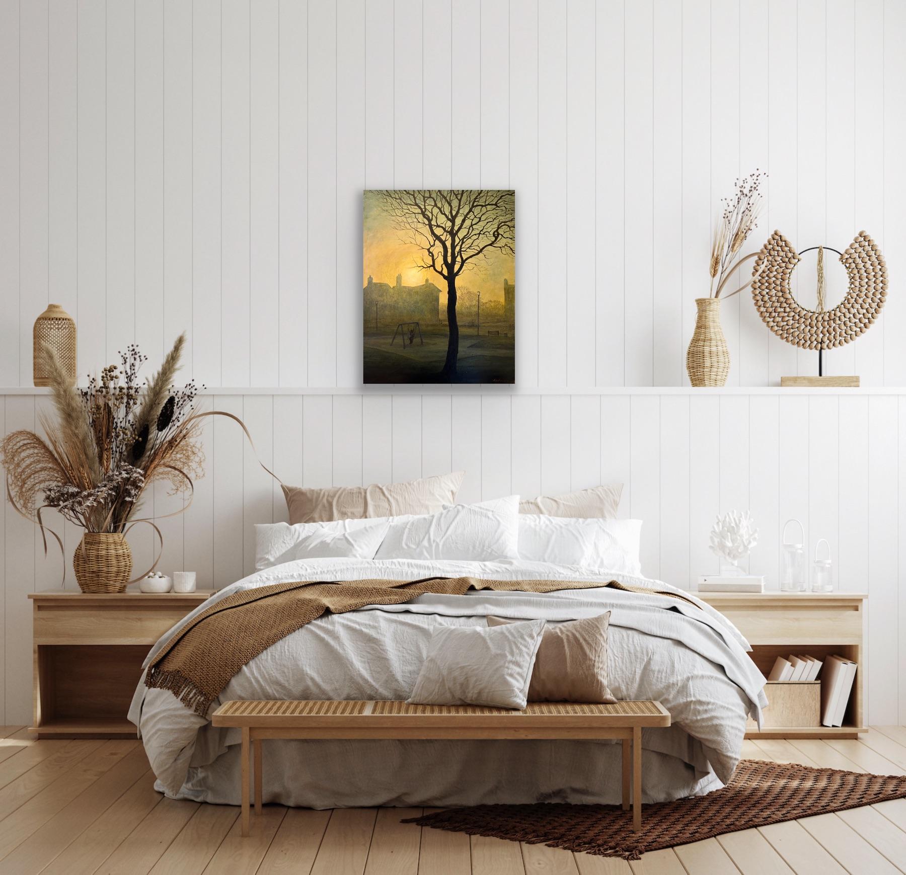 Surrealist Magical Canvas Landscape Painting Morning Sun Light Gold Yellow Tree For Sale 7
