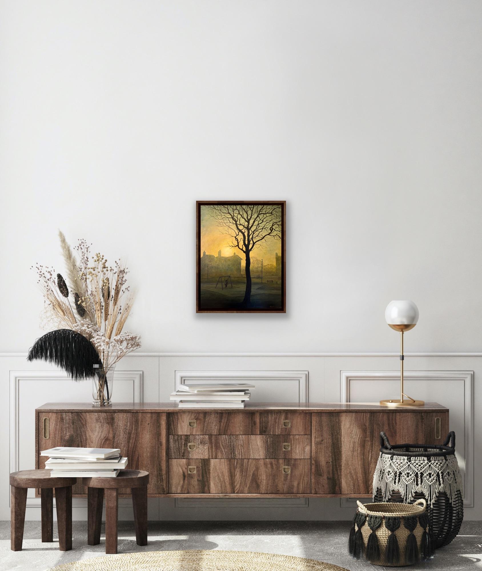 Surrealist Magical Canvas Landscape Painting Morning Sun Light Gold Yellow Tree For Sale 9