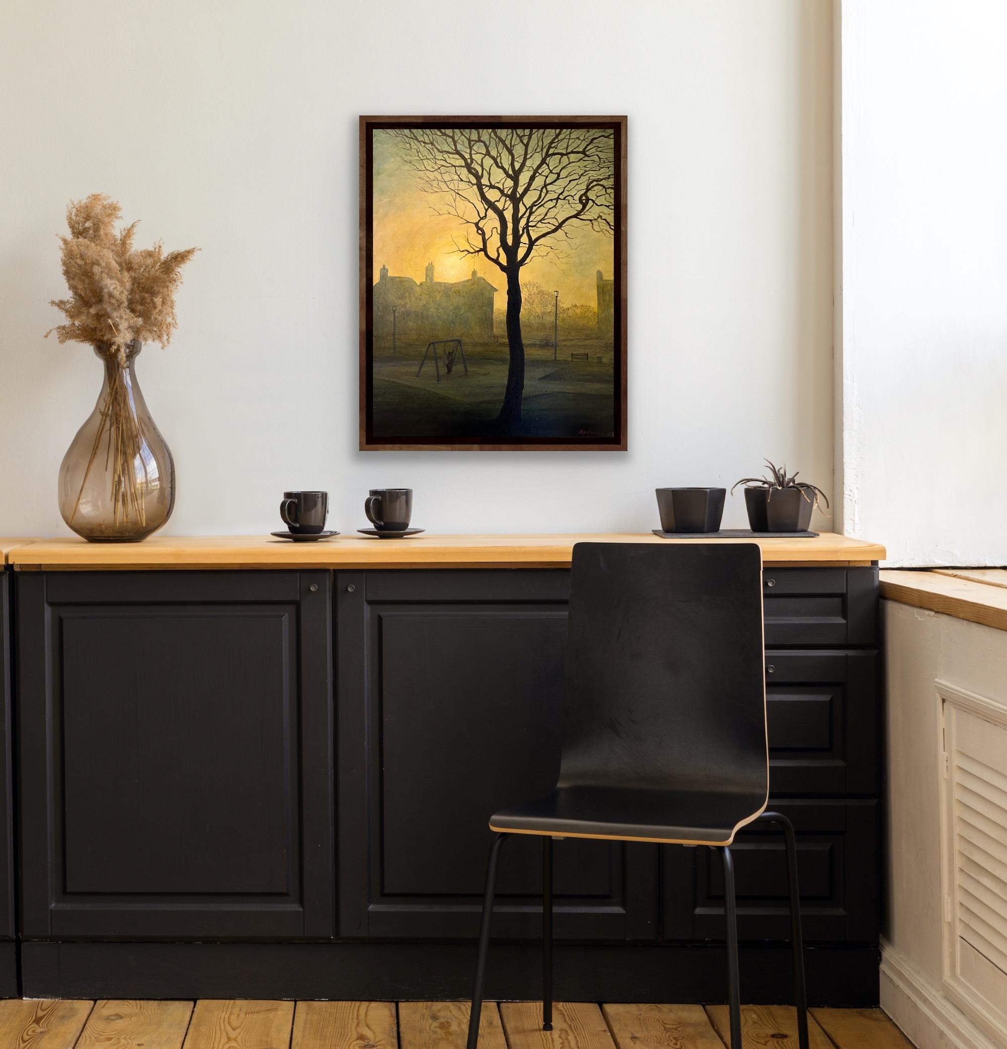 Surrealist Magical Canvas Landscape Painting Morning Sun Light Gold Yellow Tree For Sale 10