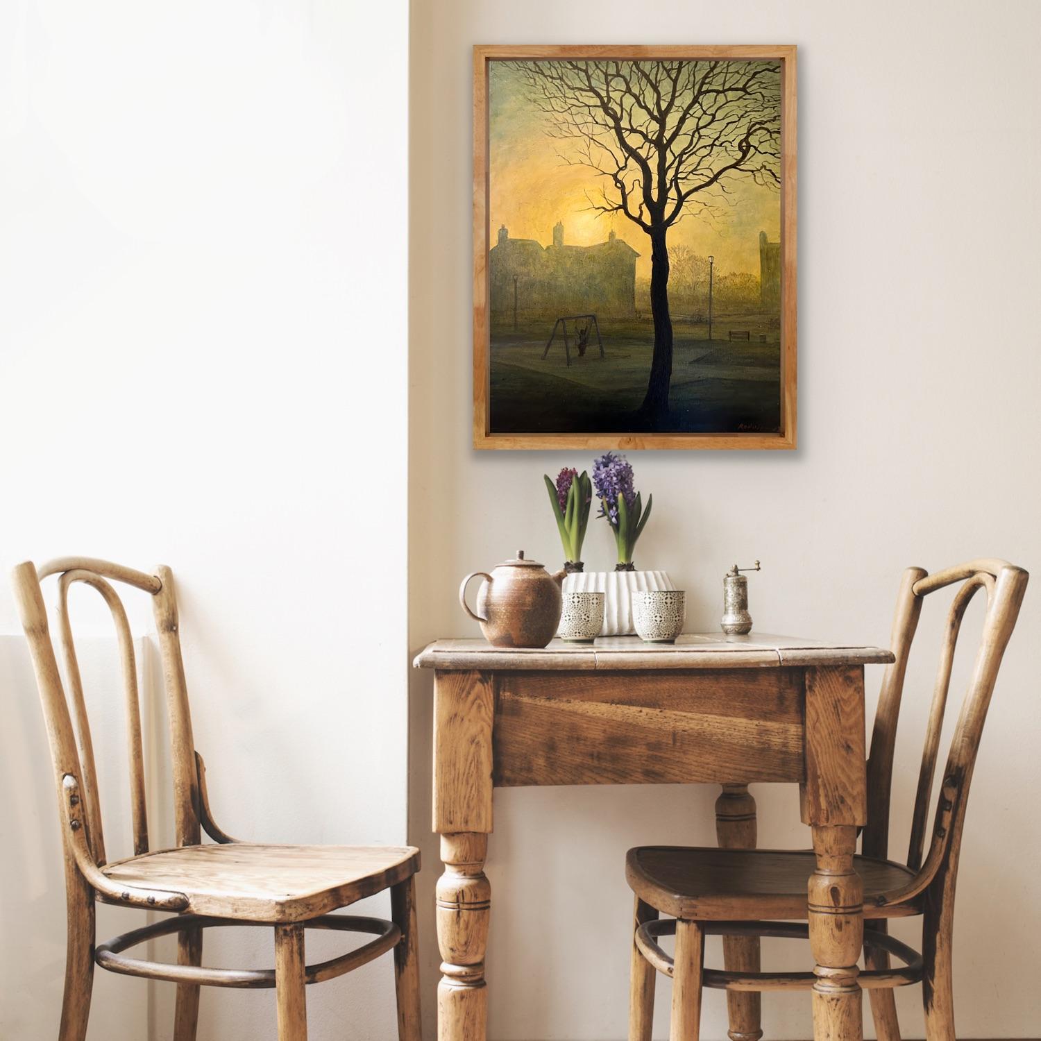 Surrealist Magical Canvas Landscape Painting Morning Sun Light Gold Yellow Tree For Sale 11