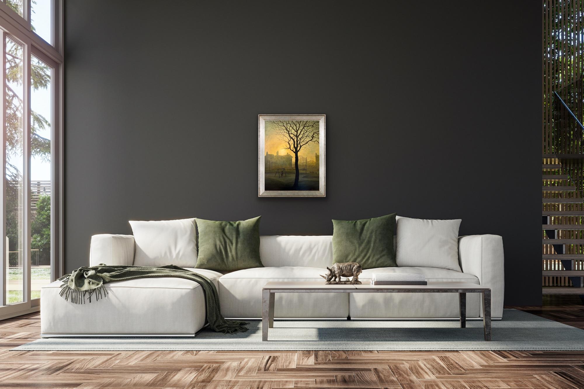 Surrealista Mágico Lienzo Pintura Paisaje Mañana Sol Luz Oro Amarillo Árbol - Landscape Painting Negro de Peter Rodulfo