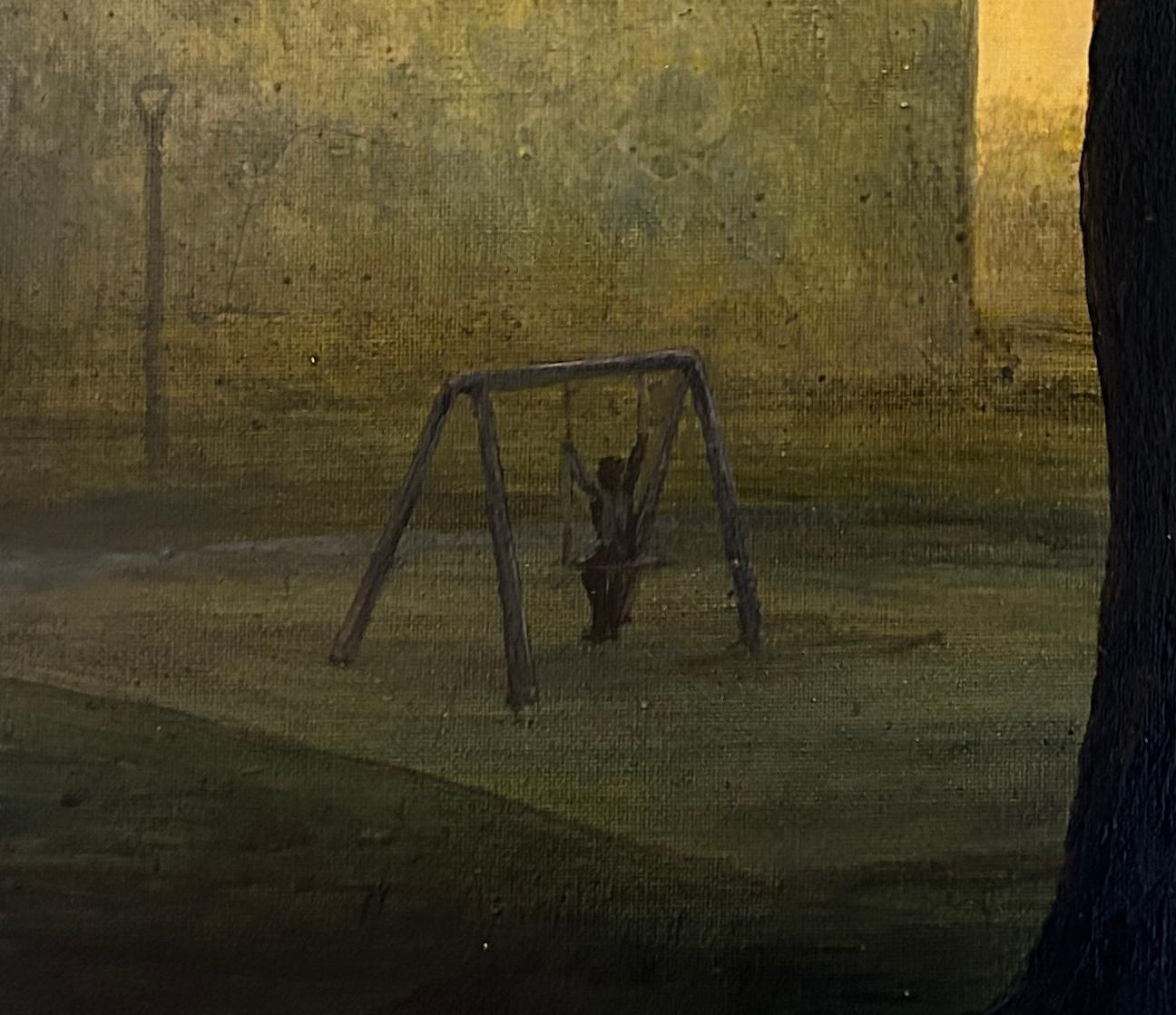 Surrealista Mágico Lienzo Pintura Paisaje Mañana Sol Luz Oro Amarillo Árbol en venta 1