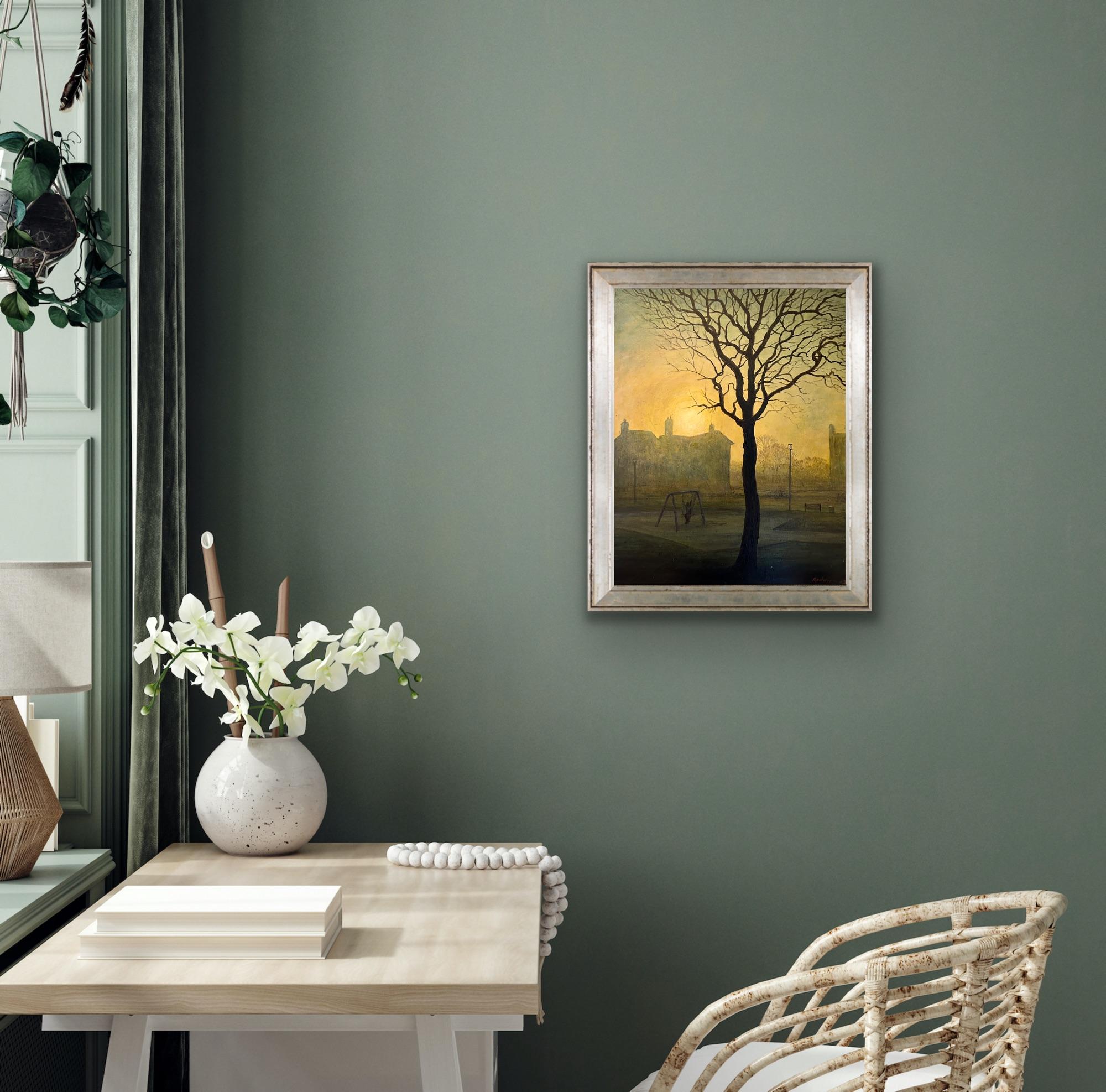 Surrealist Magical Canvas Landscape Painting Morning Sun Light Gold Yellow Tree For Sale 4