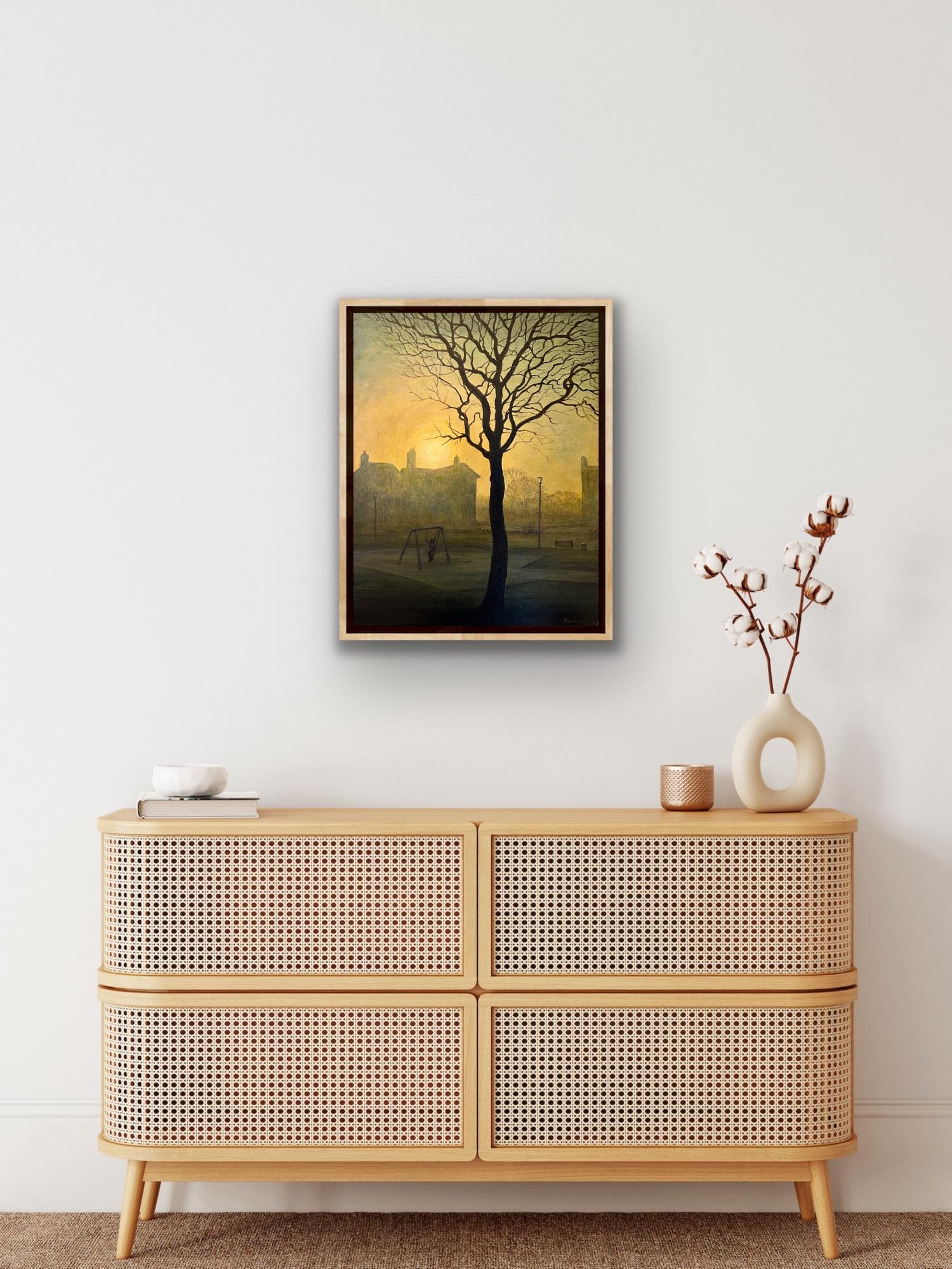 Surrealist Magical Canvas Landscape Painting Morning Sun Light Gold Yellow Tree For Sale 5