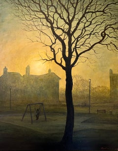 Surrealistische magische Segeltuch-Landschaft, Gemälde Morgensonne, Licht, Gold, gelber Baum