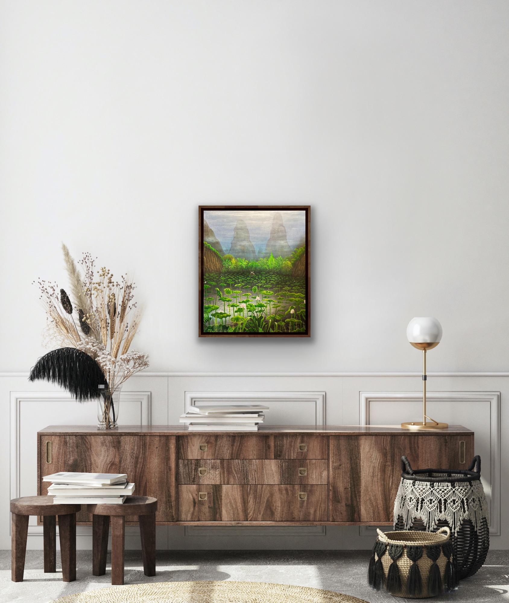 Surrealist Magical Landscape Canvas Painting China Green Lotus Lake Mountains  For Sale 5