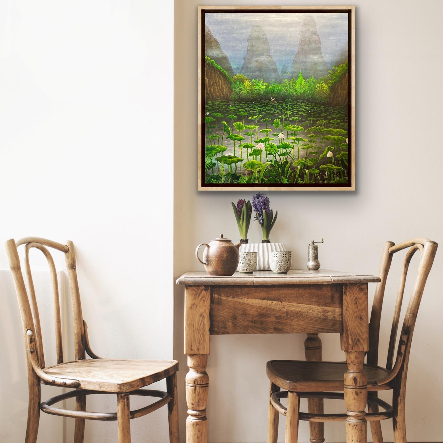 Surrealist Magical Landscape Canvas Painting China Green Lotus Lake Mountains  For Sale 7