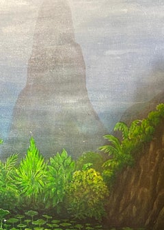 Surrealist Magical Landscape Canvas Painting China Green Lotus Lake Mountains