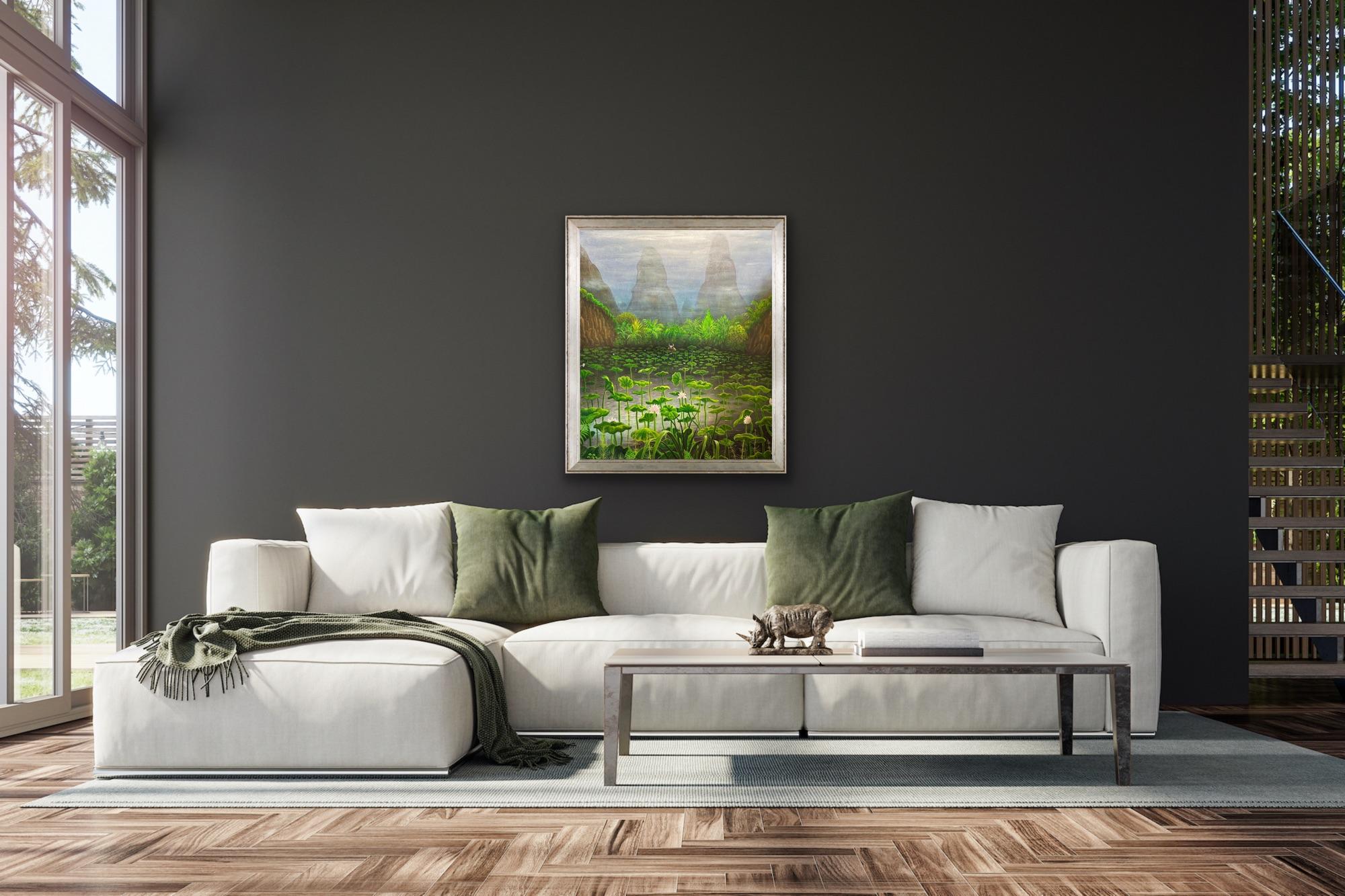 Lotus Lake, acrylic on canvas, 71cm x 61cm, 2022

Even in his most realistic images, there is a beautiful exaggeration in the paintings of Peter Rodulfo. It may be an overly flamboyant palette or a carefully chosen viewpoint but nothing is everyday