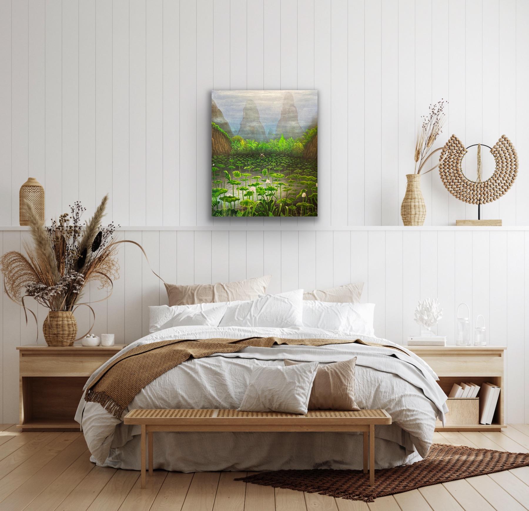 Surrealist Magical Landscape Canvas Painting China Green Lotus Lake Mountains  For Sale 3