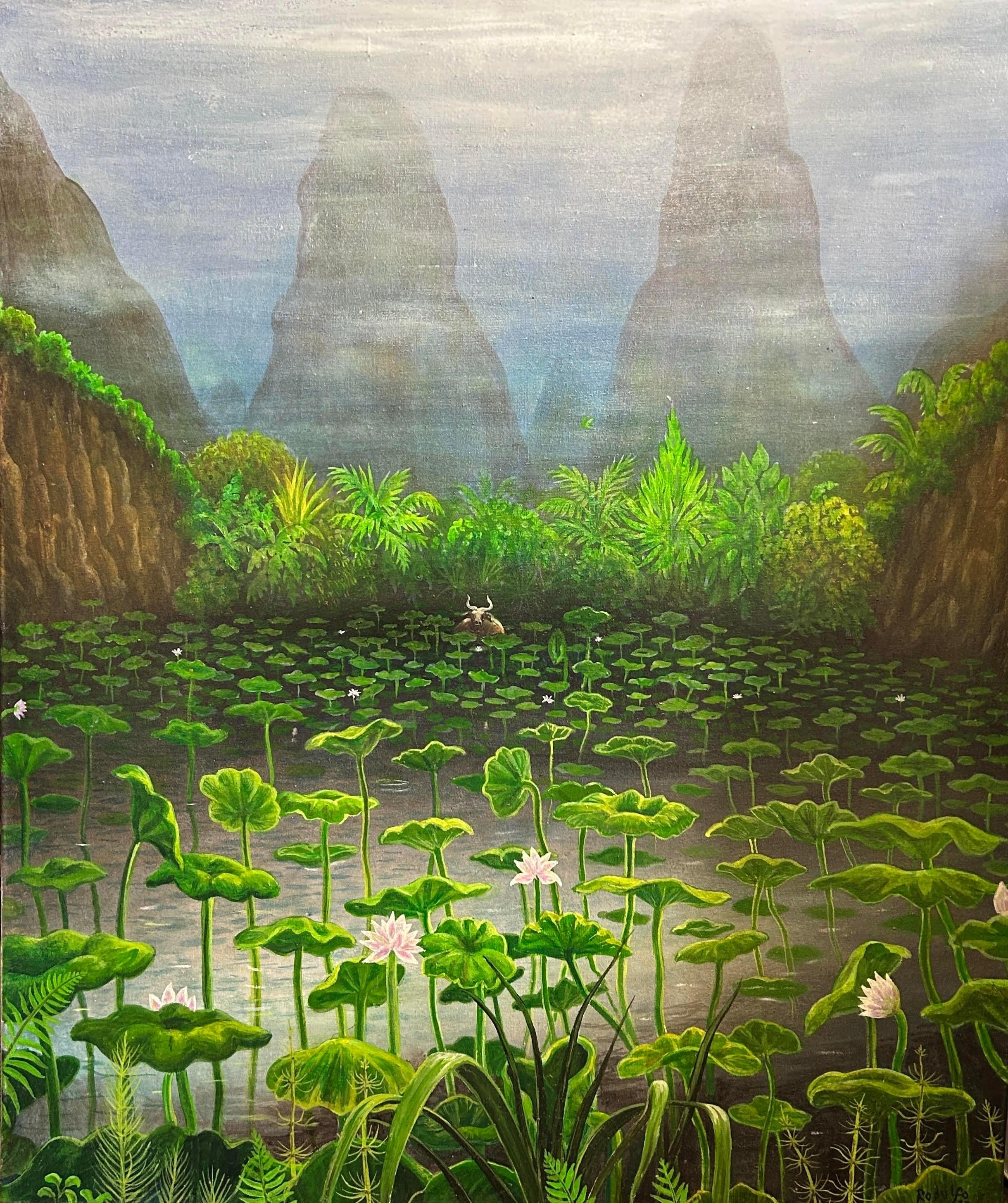 Peter Rodulfo Landscape Painting - Surrealist Magical Landscape Canvas Painting China Green Lotus Lake Mountains 