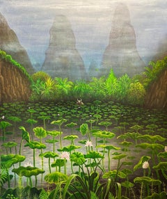 Peinture sur toile de paysage magique surréaliste représentant un lac et des montagnes lotus verts en Chine 