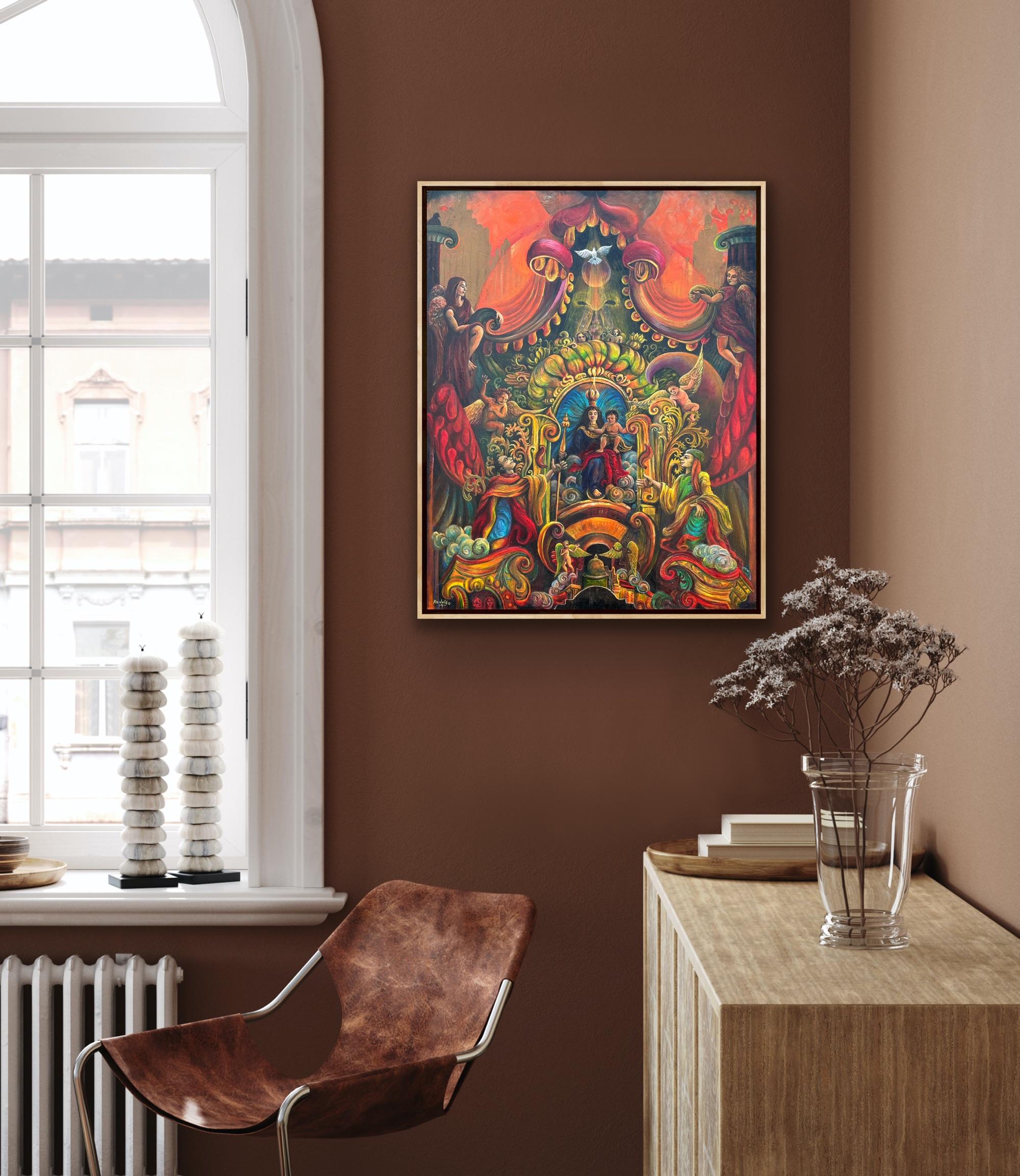 Surrealist Magical Oil Canvas Religious Angels Austrian Asian Reds Orange Blue For Sale 6