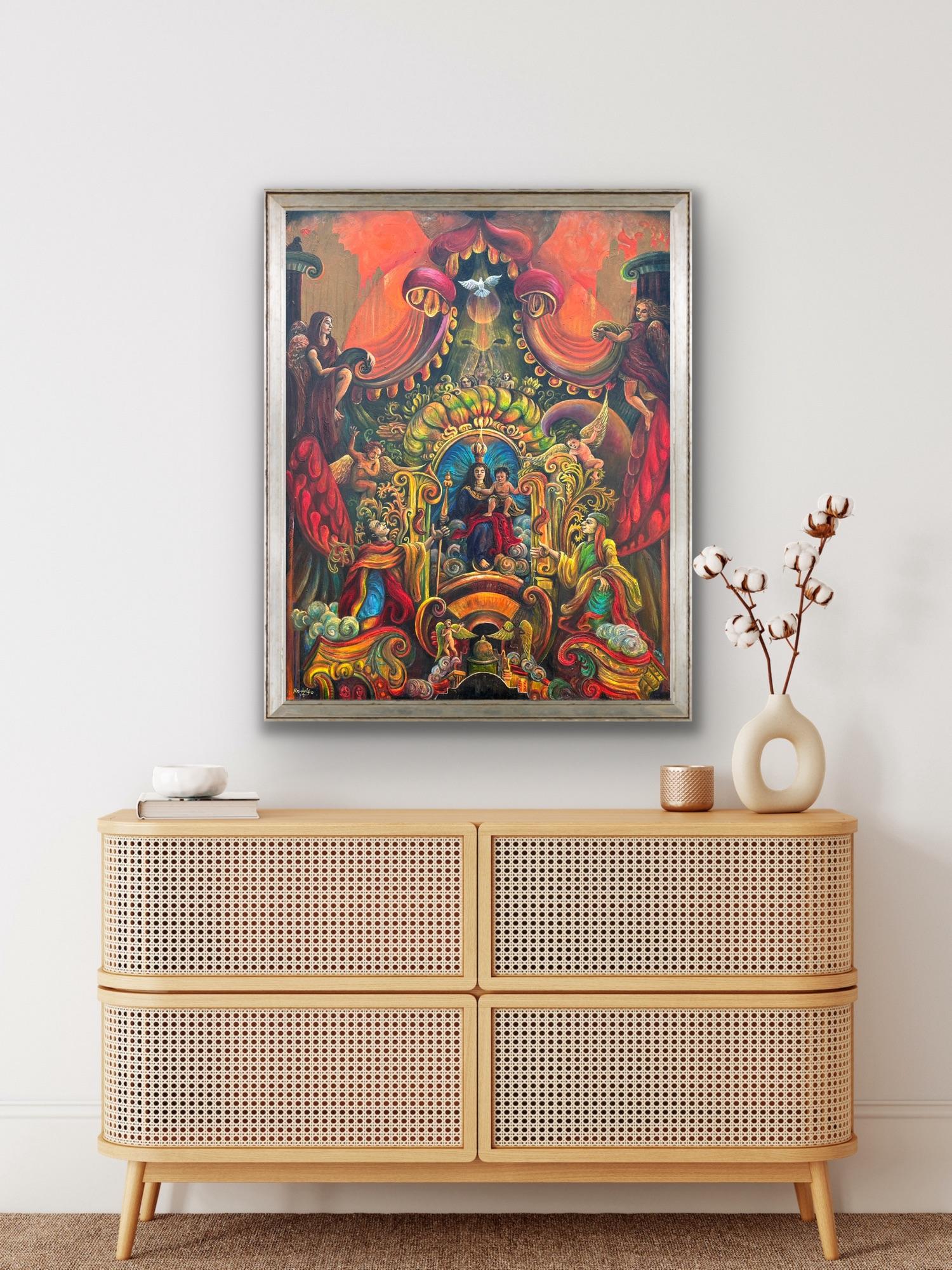 Surrealist Magical Oil Canvas Religious Angels Austrian Asian Reds Orange Blue For Sale 6