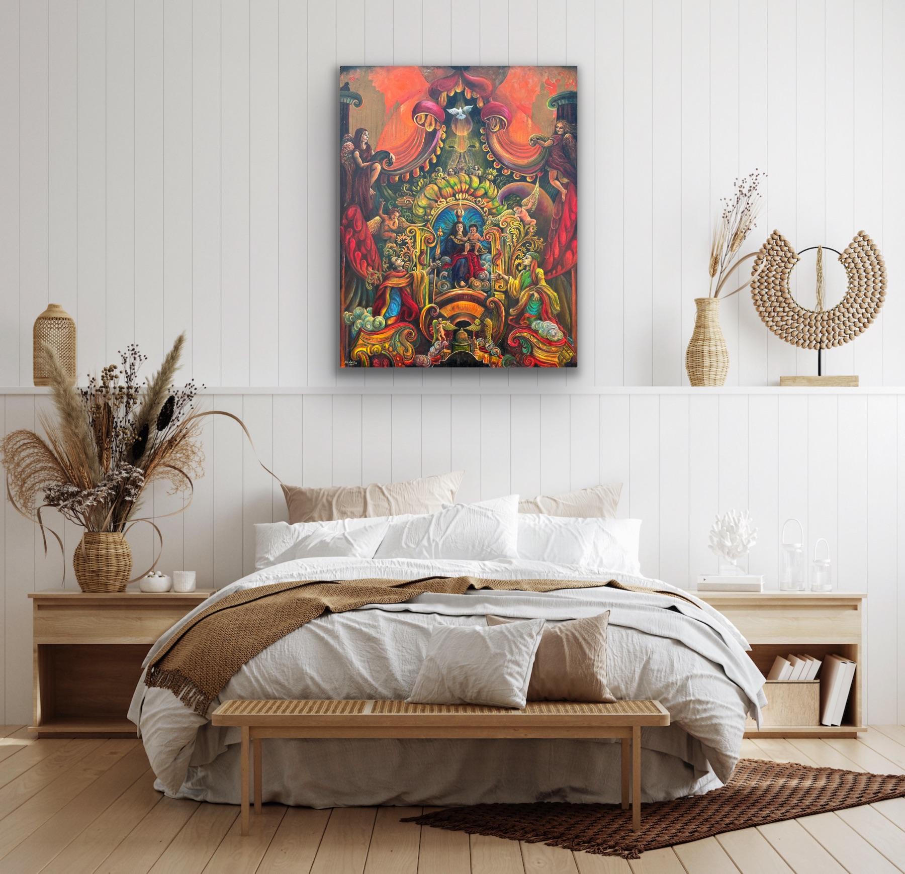 Surrealist Magical Oil Canvas Religious Angels Austrian Asian Reds Orange Blue For Sale 11