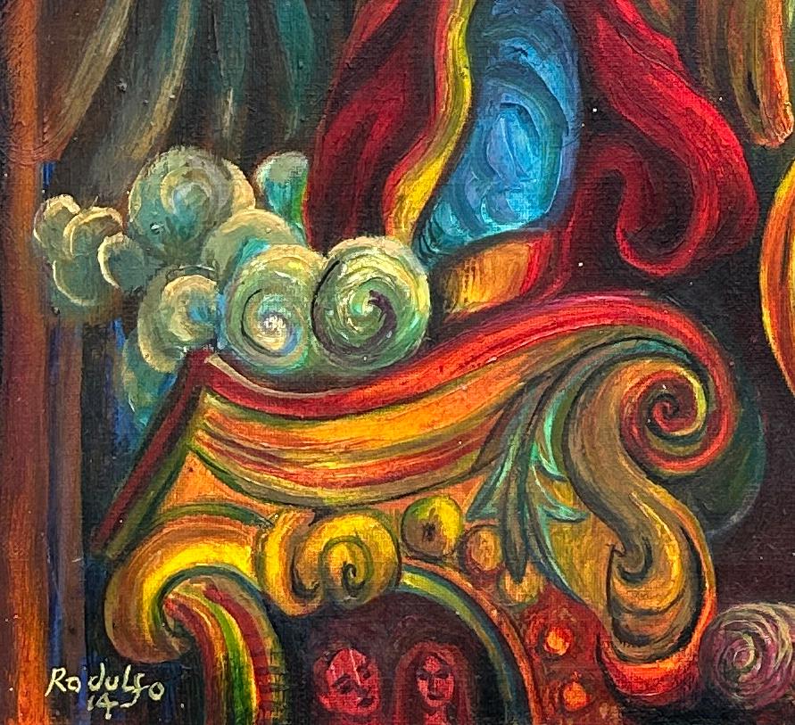 Surrealist Magical Oil Canvas Religious Angels Austrian Asian Reds Orange Blue - Painting by Peter Rodulfo