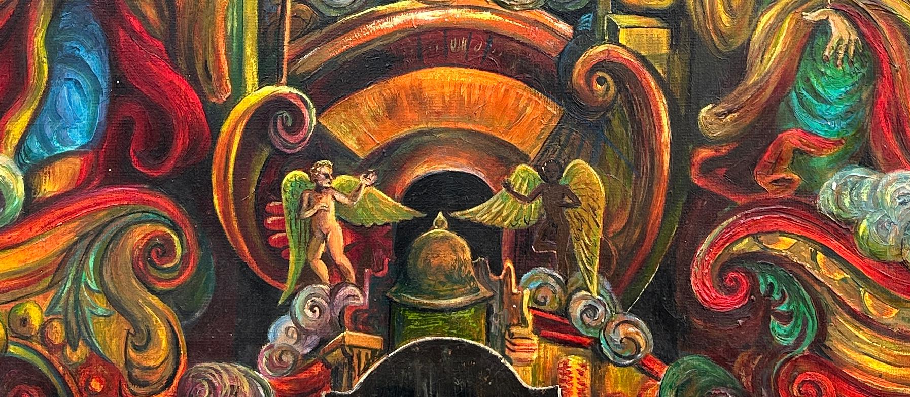 Tela ad olio surrealista magica Angeli religiosi austriaci asiatici rossi arancioni blu - Abstract Painting Marrone di Peter Rodulfo