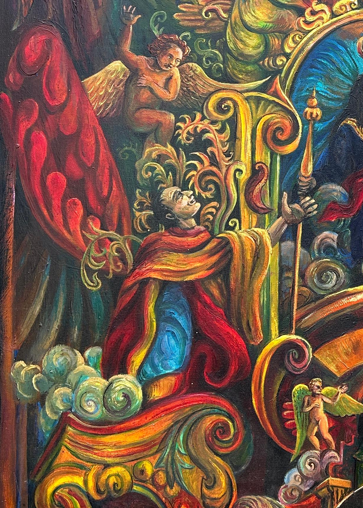 Tela ad olio surrealista magica Angeli religiosi austriaci asiatici rossi arancioni blu in vendita 1