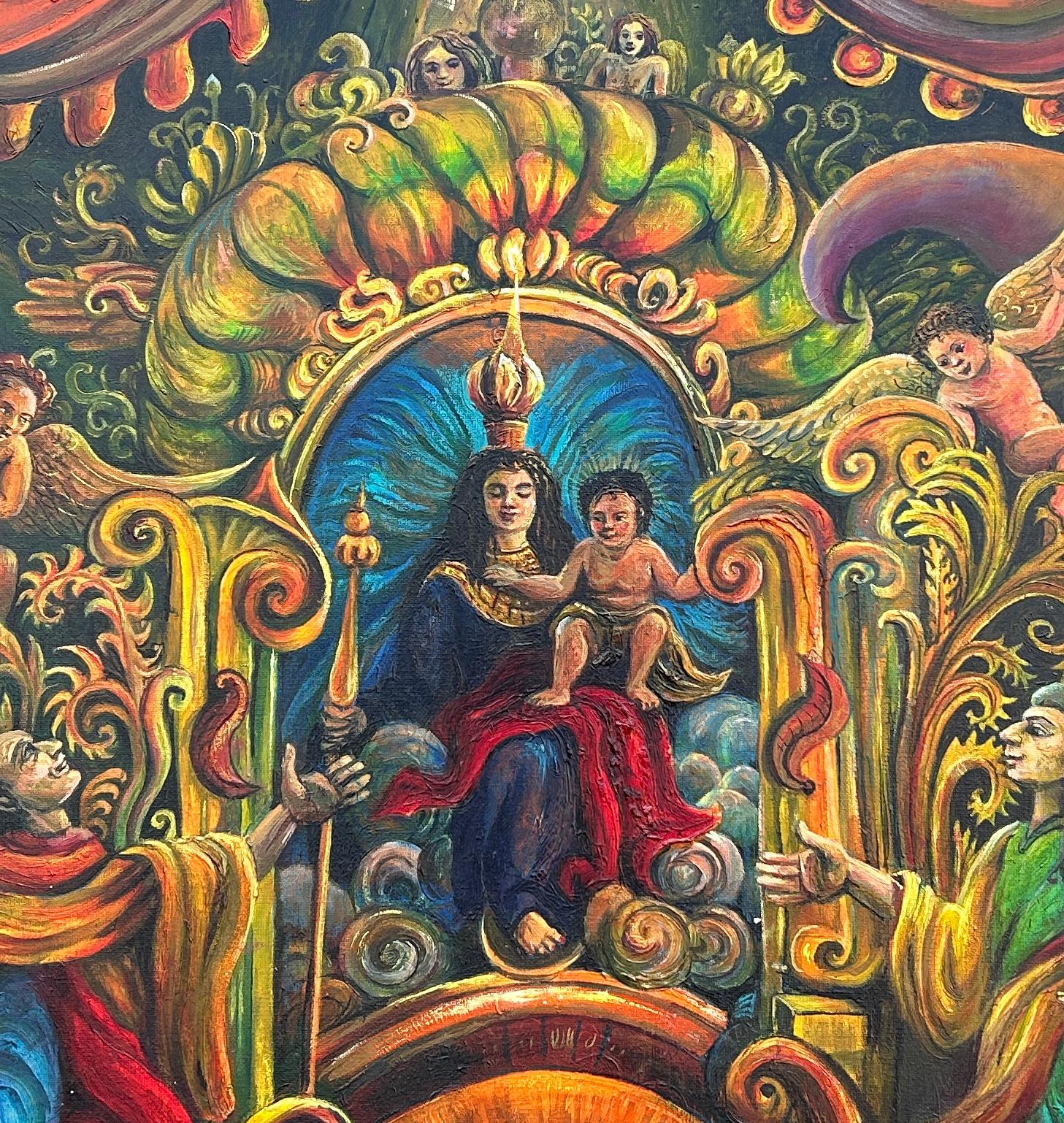 Tela ad olio surrealista magica Angeli religiosi austriaci asiatici rossi arancioni blu in vendita 2