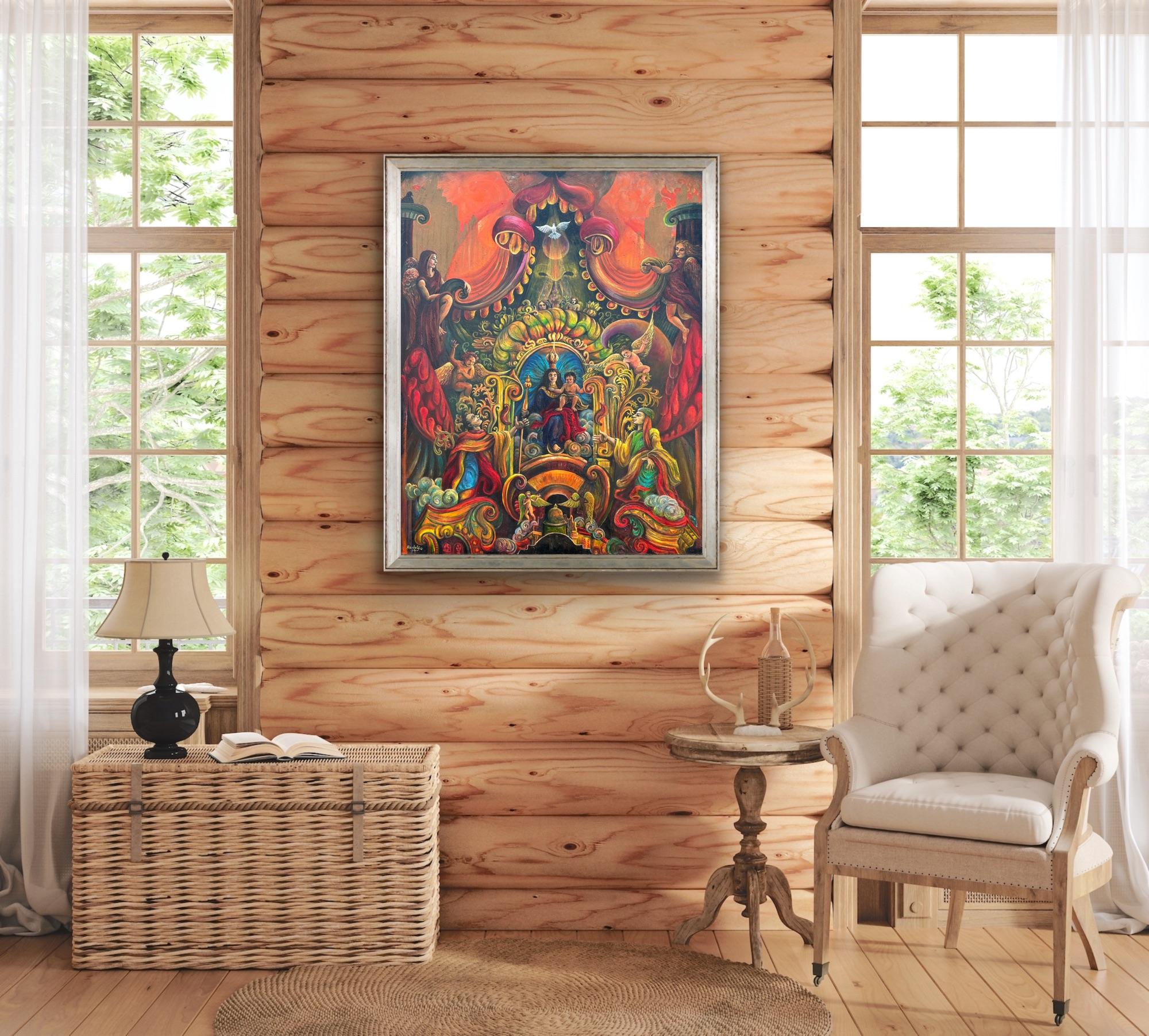 Surrealist Magical Oil Canvas Religious Angels Austrian Asian Reds Orange Blue For Sale 2