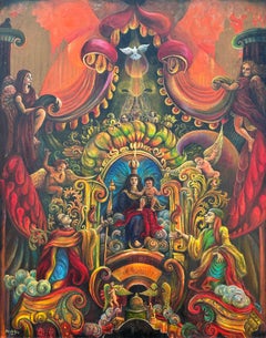 Surrealist Magical Oil Canvas Religious Angels Austrian Asian Reds Orange Blue