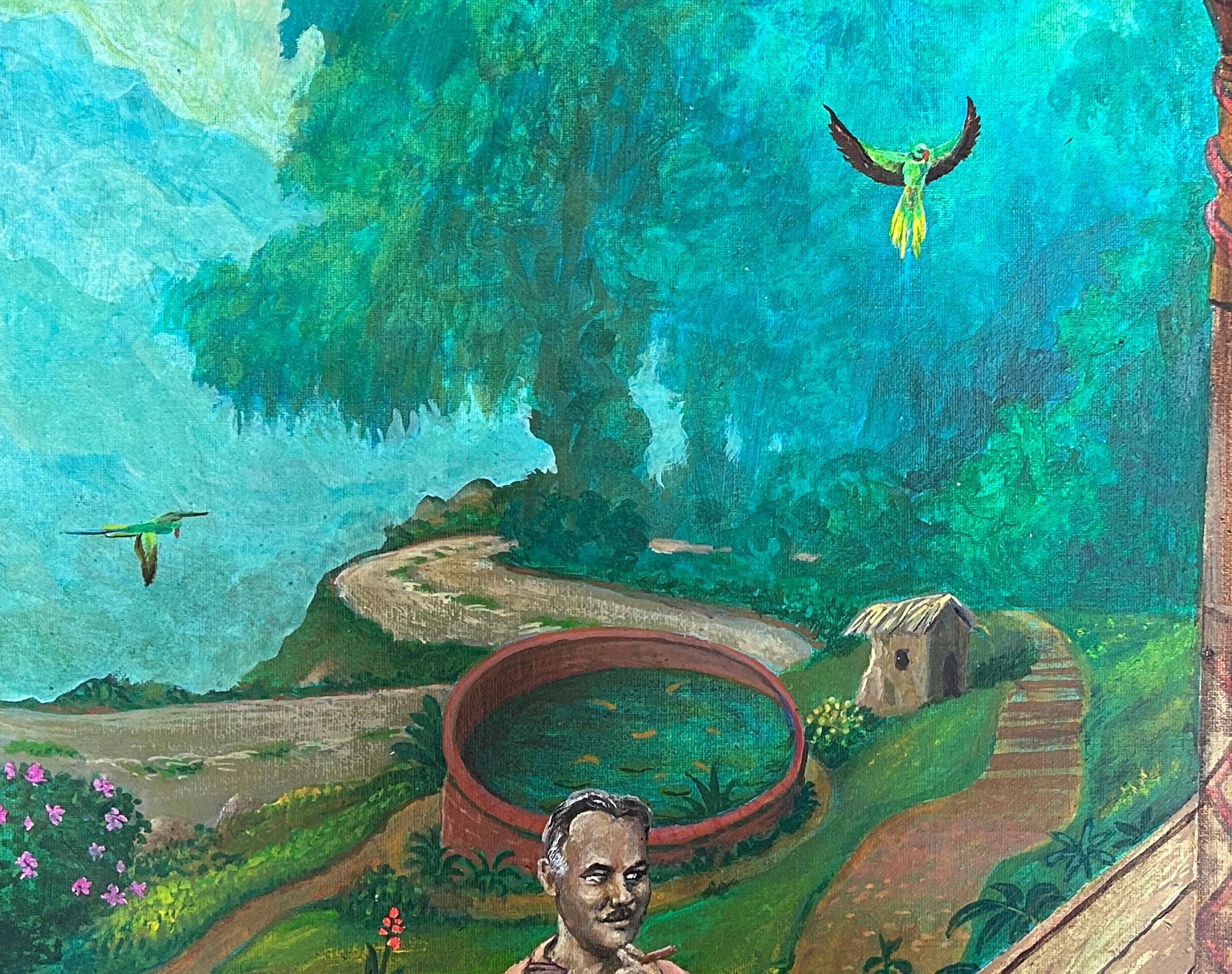 Surrealistischer magischer Realismus Indien Dschungel Schlange Mann Türkis Blaue Papageien Affen im Angebot 1