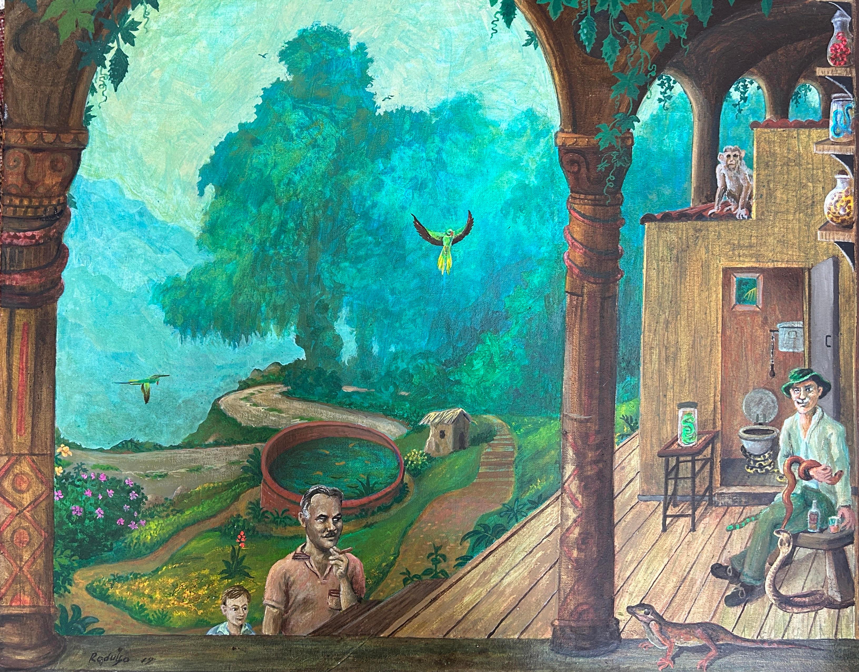 Peter Rodulfo Abstract Painting – Surrealistischer magischer Realismus Indien Dschungel Schlange Mann Türkis Blaue Papageien Affen