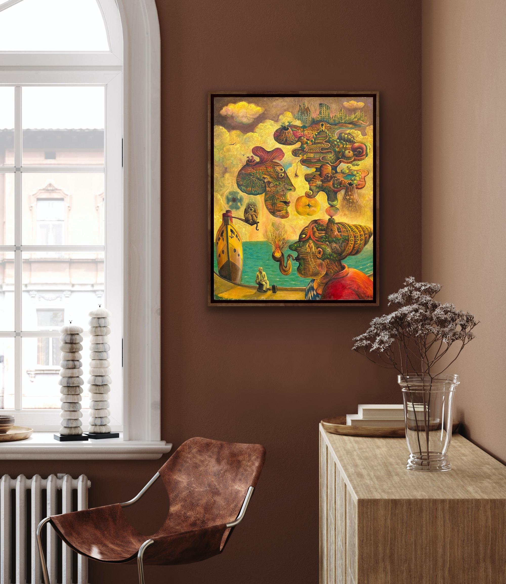 Surrealist Oil on Canvas Magical Realism North Africa Turquoise Sea Yellow Red For Sale 7