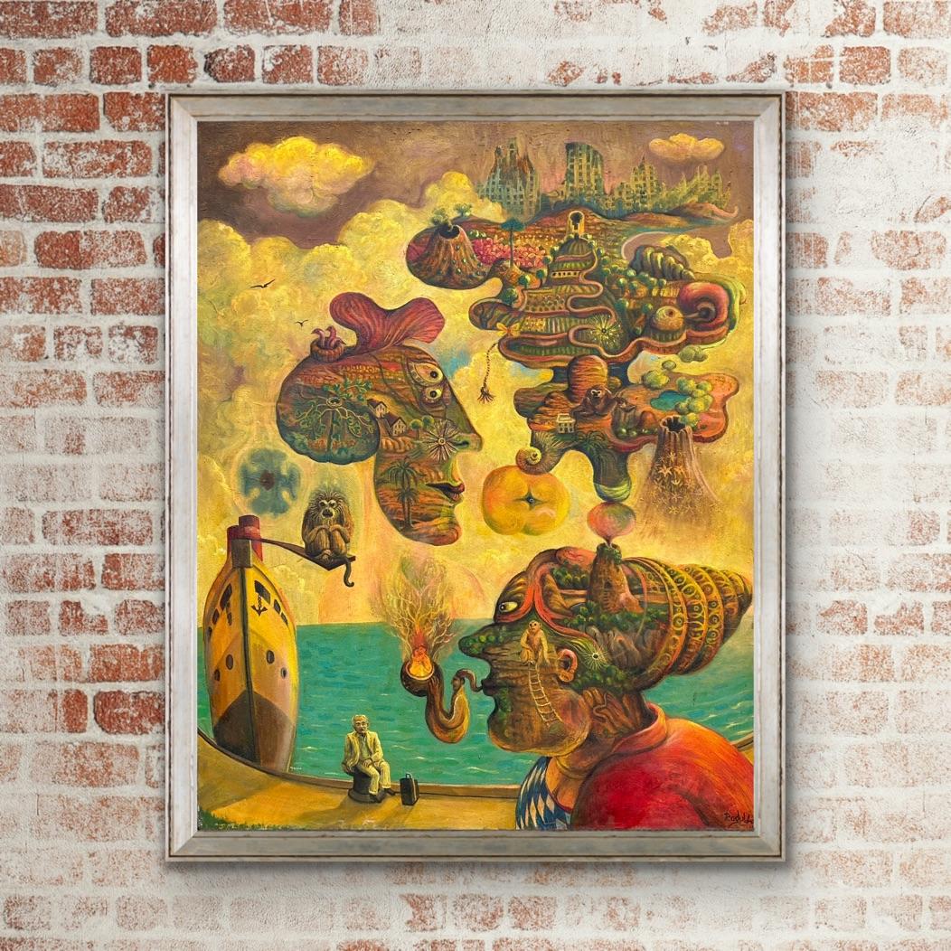 Surrealist Oil on Canvas Magical Realism North Africa Turquoise Sea Yellow Red For Sale 8