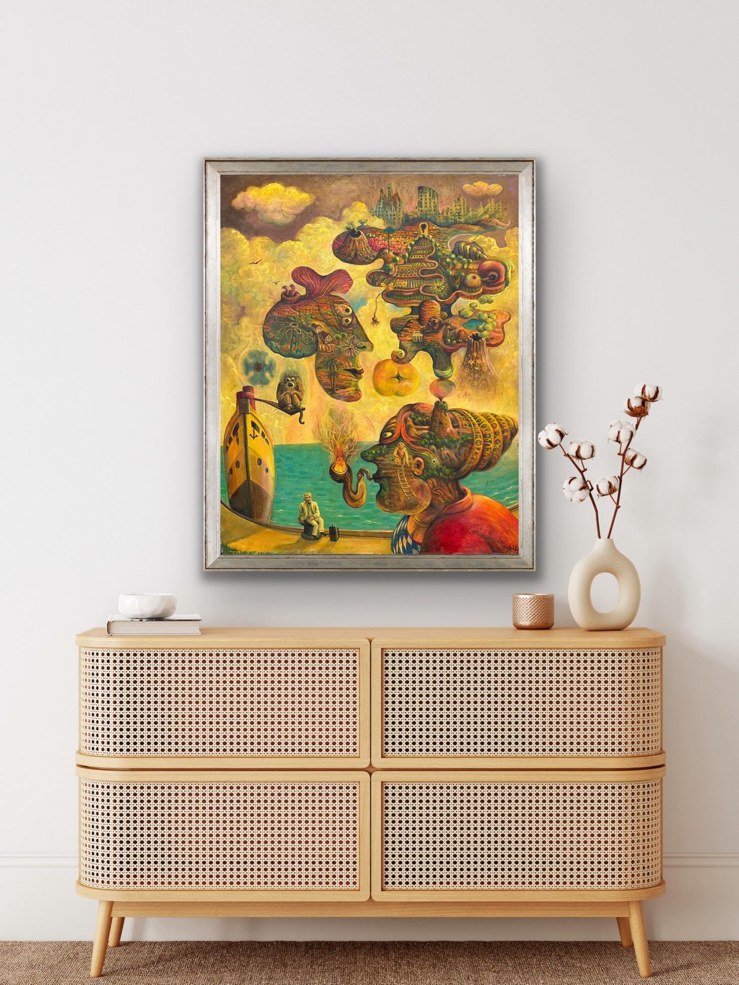 Surrealist Oil on Canvas Magical Realism North Africa Turquoise Sea Yellow Red For Sale 10