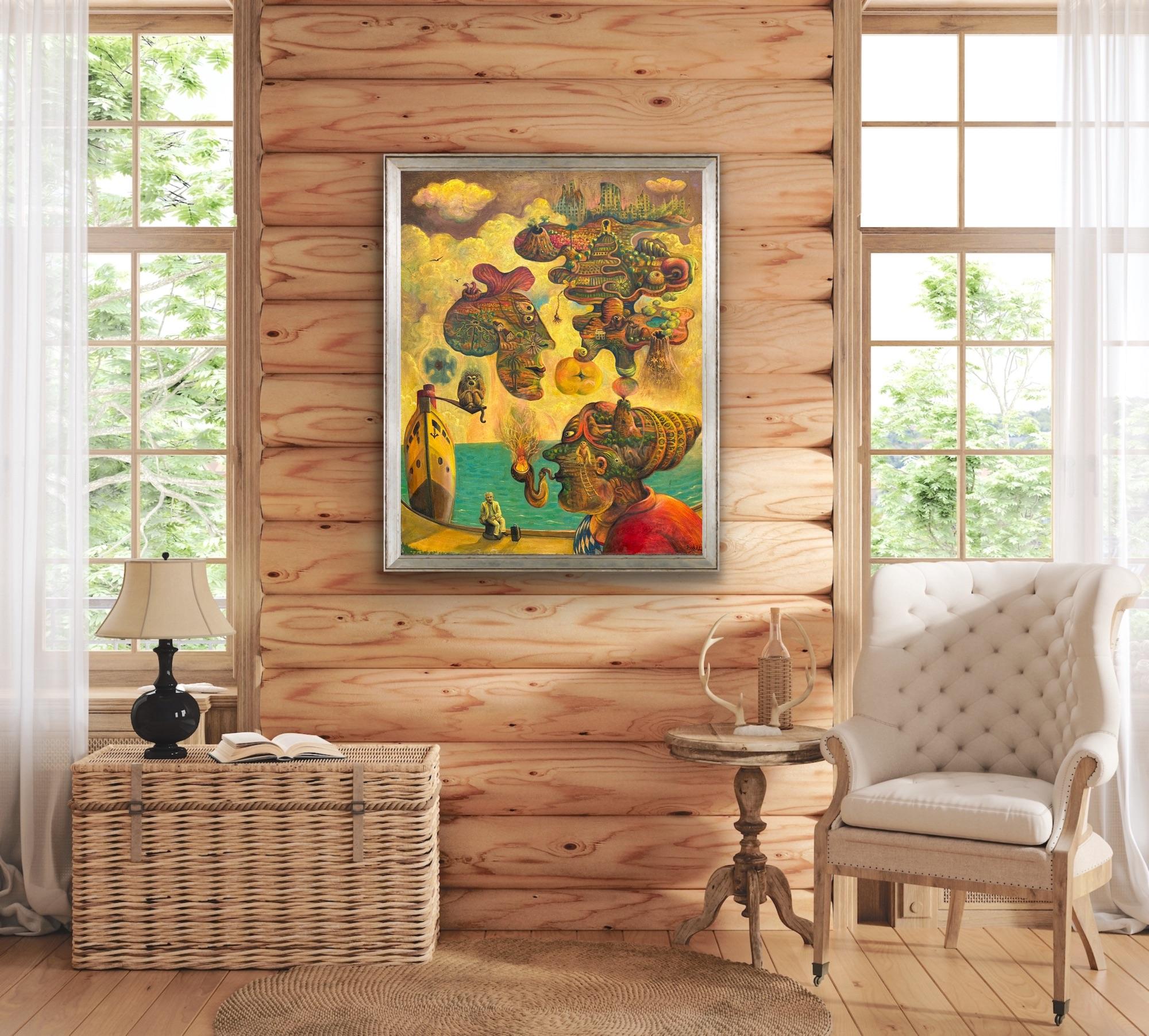 Surrealist Oil on Canvas Magical Realism North Africa Turquoise Sea Yellow Red For Sale 1