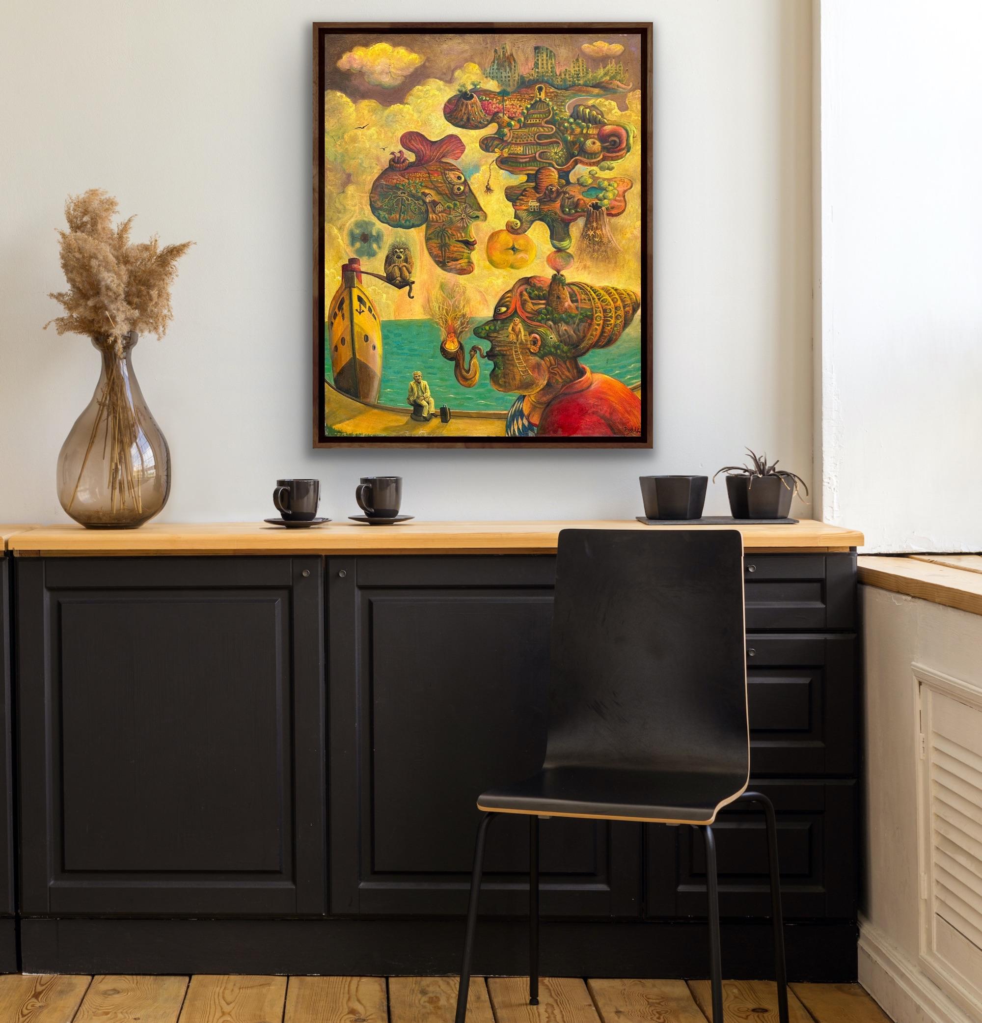 Surrealista Óleo sobre lienzo Realismo mágico Norte de África Mar turquesa Amarillo Rojo en venta 3