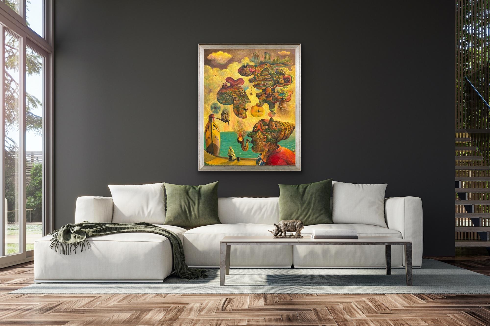 Surrealist Oil on Canvas Magical Realism North Africa Turquoise Sea Yellow Red For Sale 4