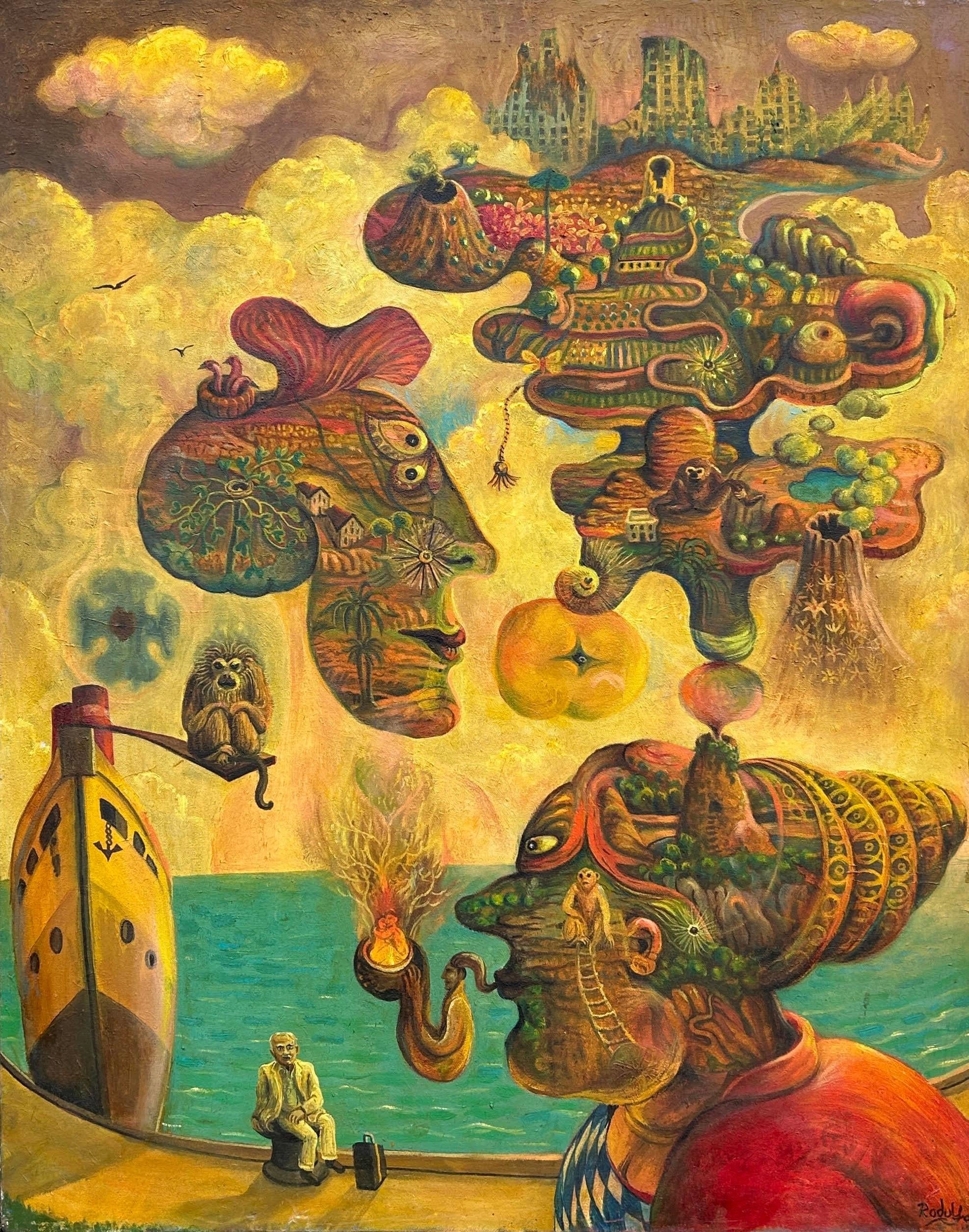 Peter Rodulfo Landscape Painting - Surrealist Oil on Canvas Magical Realism North Africa Turquoise Sea Yellow Red