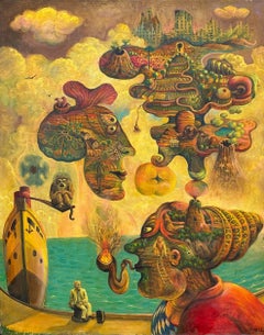 Surrealist Oil on Canvas Magical Realism North Africa Turquoise Sea Yellow Red