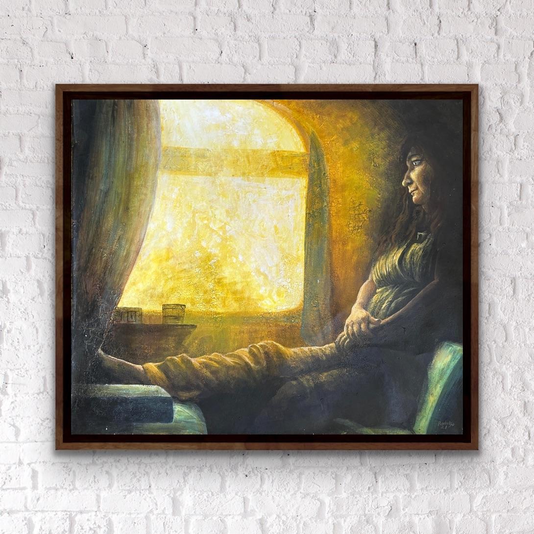 Surrealist Realism India Canvas Painting Yellow Sunlight Train Tender Portrait For Sale 9